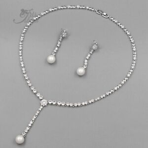Bridal Wedding Pearl Jewelry Set White Gold Plated Zirconia Necklace Earrings 18