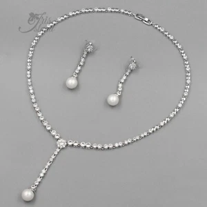 Bridal Wedding Pearl Jewelry Set White Gold Plated Zirconia Necklace Earrings 18 - Picture 1 of 7