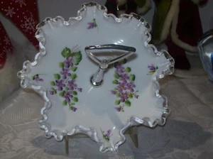 HAND PAINTED MILK GLASS SILVER CREST RUFFLED RIM NUT DISH WITH CHROME HANDLE - Picture 1 of 4