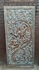 Vintage Door Panel, Krishna Radha Carving Barn Door Panel, Hand Carved Panels