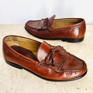 Johnston Murphy Mens Shoes 11 Brown Leather Loafers Double Kiltie Braided Bow - Picture 1 of 7
