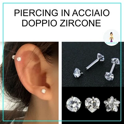 piercing orecchino trago cartilagine lobo doppio zircone a stella cuore tondo. - Immagine 1 di 4
