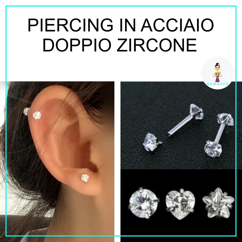 piercing orecchino trago cartilagine lobo doppio zircone a stella cuore tondo. - Immagine 1 di 4