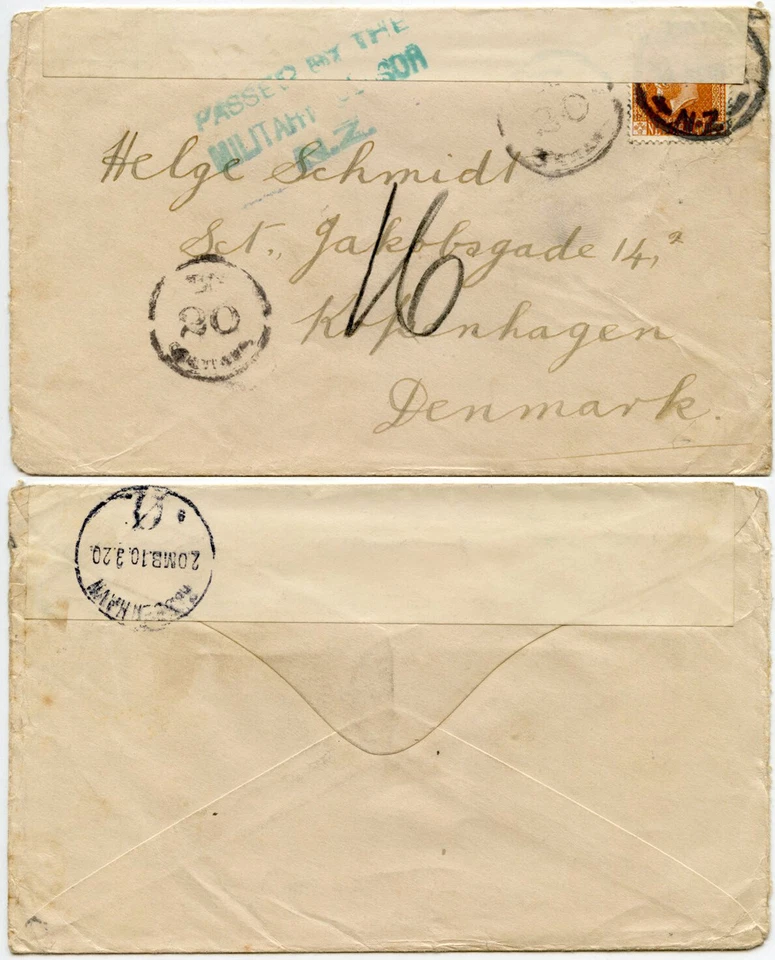 NEW ZEALAND to DENMARK 1920 CENSORED ENVELOPE - Image 1 of 1