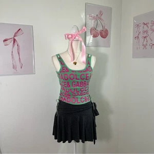Vintage Y2K Dolce & Gabbana türkis pink Monogramm Tanktop seitlich zum Binden Damen S - Bild 1 von 9