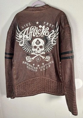 Affliction Faux Leather Brown Motorcycle Crossbones Acoustic Jacket 3XL NWT - Image 1 of 4