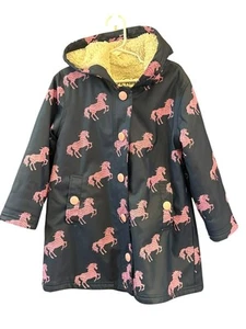 Hatley Girl's Navy Blue Sherpa Lined Pink Horse Print Raincoat Size 5 Equestrian - Picture 1 of 6