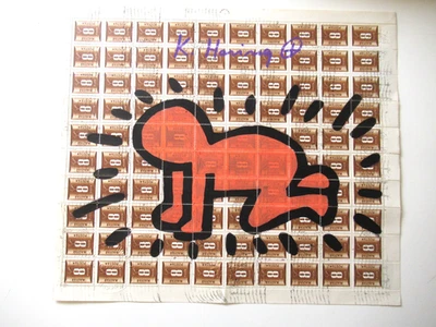 Keith Haring: ORIGINAL VOM KÜNSTLER GEMALT UND SIGNIERT AUF BRIEFMARKEN BOGEN RR - Bild 1 von 4