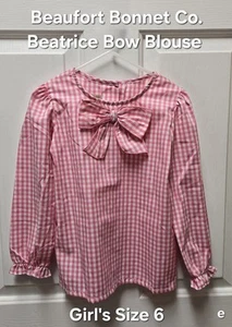 NWT Beaufort Bonnet Co. Beatrice Bow Blouse, Pink Gingham, Girl's Size 6 - Picture 1 of 9