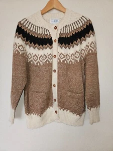 Alpaca Imports Isla Fair Isle Cardigan Sweater Small Medium Brown Ivory - Picture 1 of 10