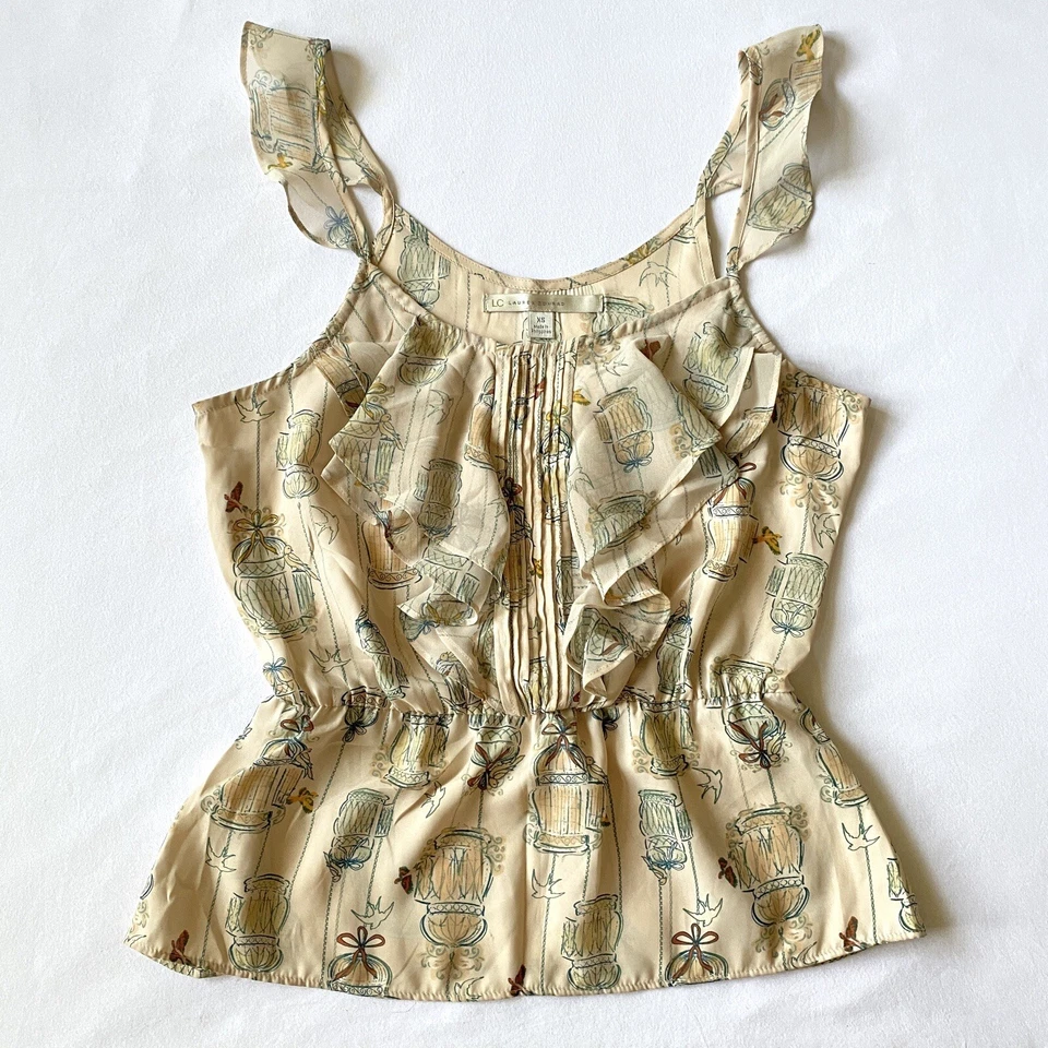 LC Lauren Conrad Top XS Chiffon Ruffle Pleated Stretch Elastic Waist Flare Birds - Image 1 of 4