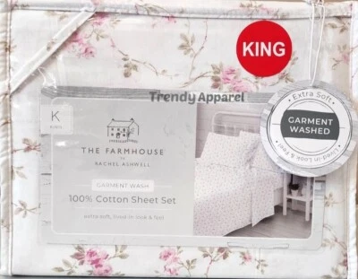 Shabby Chic Farmhouse by Rachel Ashwell, White, Pink Floral KING Sheet Set