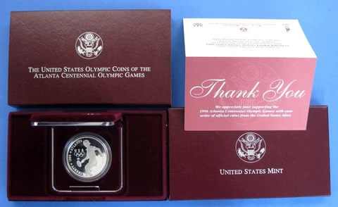 1996-P Olympic Tennis Commemorative Proof Silver Dollar with Box & Thank You COA Cover
