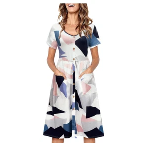 OUGES Women's V Neck Button Down Skater Dress with Pockets Large, Multicolor NEW - Picture 1 of 6