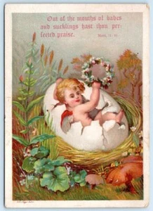 AÑOS 1880 BABY IN CÁSCARA DE HUEVO AGRIETADO CORONA VERSO BIBLIA BUFFORD LITOGRAFÍA PASTER - Imagen 1 de 2