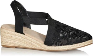 New Avenue Cloudwalkers Casey Black Espadrille Shoes Floral Wedge Size 8 Wide - Picture 1 of 5