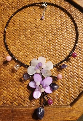 Purple Nakamol Style Statement Necklace Gemstones Flower Cluster - Image 1 of 4