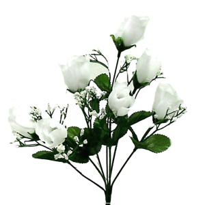 7 White Rose Buds Bouquet Silk Flowers Artificial Fake Faux Wedding Arrangement