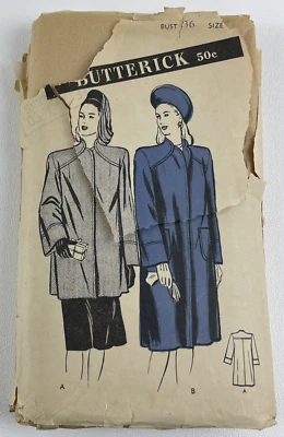 Butterick 3745 40s Coats Sz 18 36" Bust Unprinted WWII Sewing Pattern VTG OOP - Image 1 of 4