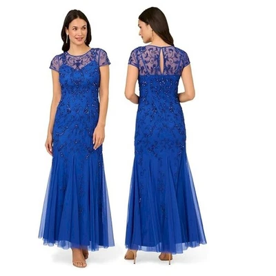 Adrianna Papell Beaded Short Sleeve Floral Godet Gown Royal Blue Size4 New NWT - Image 1 of 3