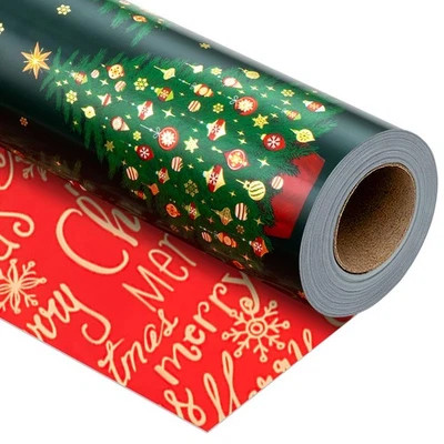 Reversible Christmas Wrapping Paper, Green Wrapping Paper, Metallic Foil Luxu... - Image 1 of 4