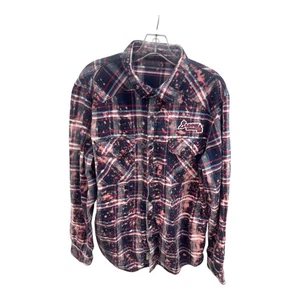 UPCYCLED Silver Jean Bleach Red White Blue L Flannel Long Sleeve Atlanta Braves - Picture 1 of 5