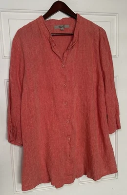 Flax 100% Linen Shacket Shirt Jacket Red/Salmon Oversized Lagenlook Sz L - Image 1 of 4