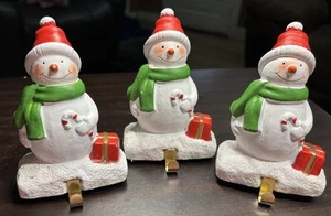 Stocking Holders Hooks Set of 3 Snowman with Candy Cane & Gift Box Mantel - Picture 1 of 10