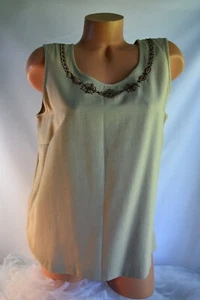 DRAPERS & DAMON'S (M) Tank Top KHAKI Rayon Polyester Embroidered Beaded Neckline - Picture 1 of 6