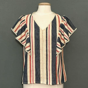 THML Womens Top M Red Blue Stripe Boxy Ruffle Casual Classic Preppy Feminine - Picture 1 of 13