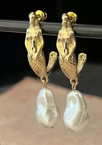 Mermaid Earrings Siren Goddess Studbacks Faux Baroque Pearls Art Nouveau Jewelry - Picture 1 of 5