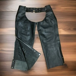 Street & Steel Mens Large Black Leather Motorcycle Chaps Fully Lined Pockets - Picture 1 of 12