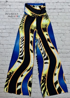 США новый женщин J вверх складной высокая талия синий богемное животное palazzo брюки S M L - Изображение 1 из 4