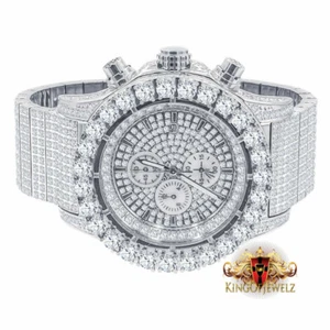 Solid Stainless Steel White Gold Tone Simulated Diamond 10 Row Band Watch 48mm - Picture 1 of 7
