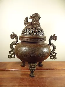 Alte Bronze Räuchergefäß - Dragon & Foo Dog Design - Bild 1 von 5