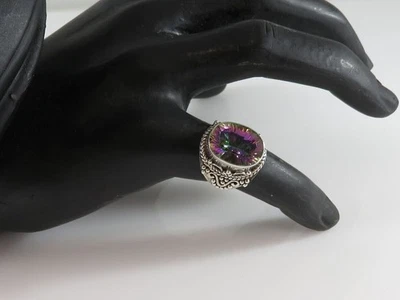Sterling Silver Mystic Topaz Ring Size 7.25 Fancy Setting Bezel Set, Ball Twiste - Image 1 of 4