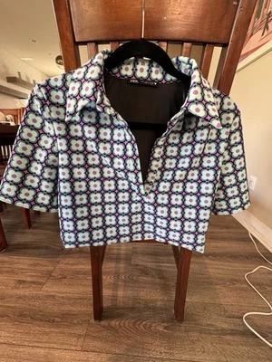 Polo corto manga corta Zara para mujer talla M estampado geométrico azul púrpura   Foto 1 de 4