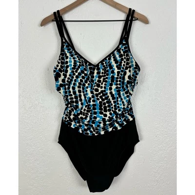 Traje de baño Miraclesuit negro/azul punto cuello en V doble correa de una pieza talla 16 Foto 1 de 4