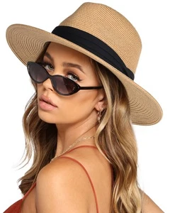 Womens Mens Wide Brim Straw Panama Hat Fedora Summer Beach Sun Hat UPF Straw ... - Picture 1 of 9