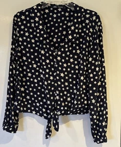Zara Sheer Black Top With White Stars Long Sleeve Bow Front Tie Large - Picture 1 of 5