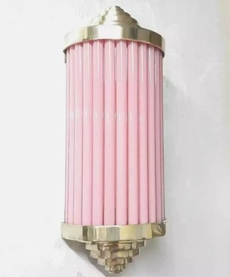 Luminária de parede antiga vintage art déco latão e haste de vidro rosa - Imagem 1 de 4