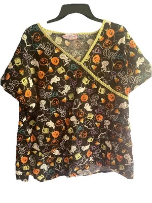 Halloween Scrub Top Womens XXL Pumpkins Candy Corn Mummies by Scrub Works - Image 1 of 3