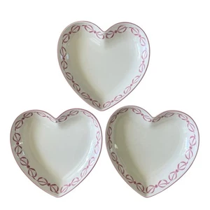 3pc Valentines Day Heart Shaped Ceramic Bowls with Pink Bow Border New - Picture 1 of 15