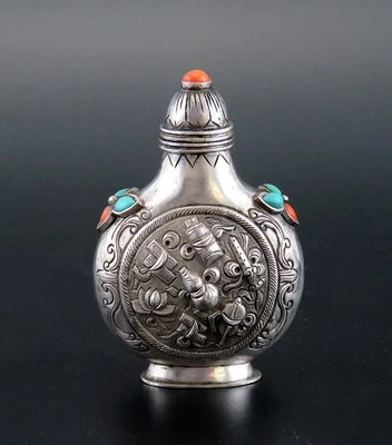 c1850 Antq Hand Chased Chinese Silver Snuff Bottle w/ Turquoise and Coral Inlay - Image 1 of 4