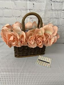 Gretchen Scott Wicker Satchel Purse Peach Rose Flowers Fabric Interior Pockets