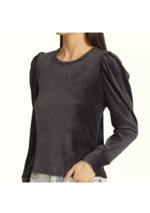 Splendid Ingrid Velour Top Women’s Size Medium Black Puff Shoulder Stretch - Picture 1 of 19