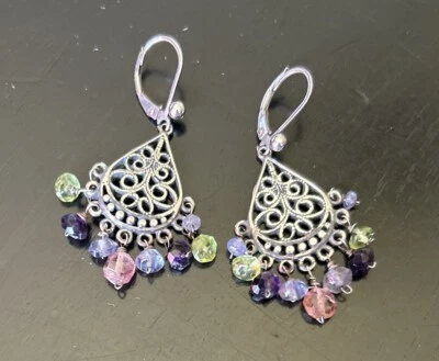 Sterling Silver BALINESE Multi-Stone Dangle Earrings 1.75” - Image 1 of 4