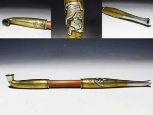 Kiseru Smoke Tube Sagemono Meiji Era Japanese Antique Brass Silver Karako Tiger - Picture 1 of 10