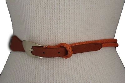Women Belt Fashion Orange Braided Faux Leather Narrow Gold Buckle S M - Image 1 of 4