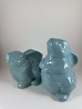Bunny Rabbits Blue Ceramic Set of 2 Embossed Decorative Spring Figurines